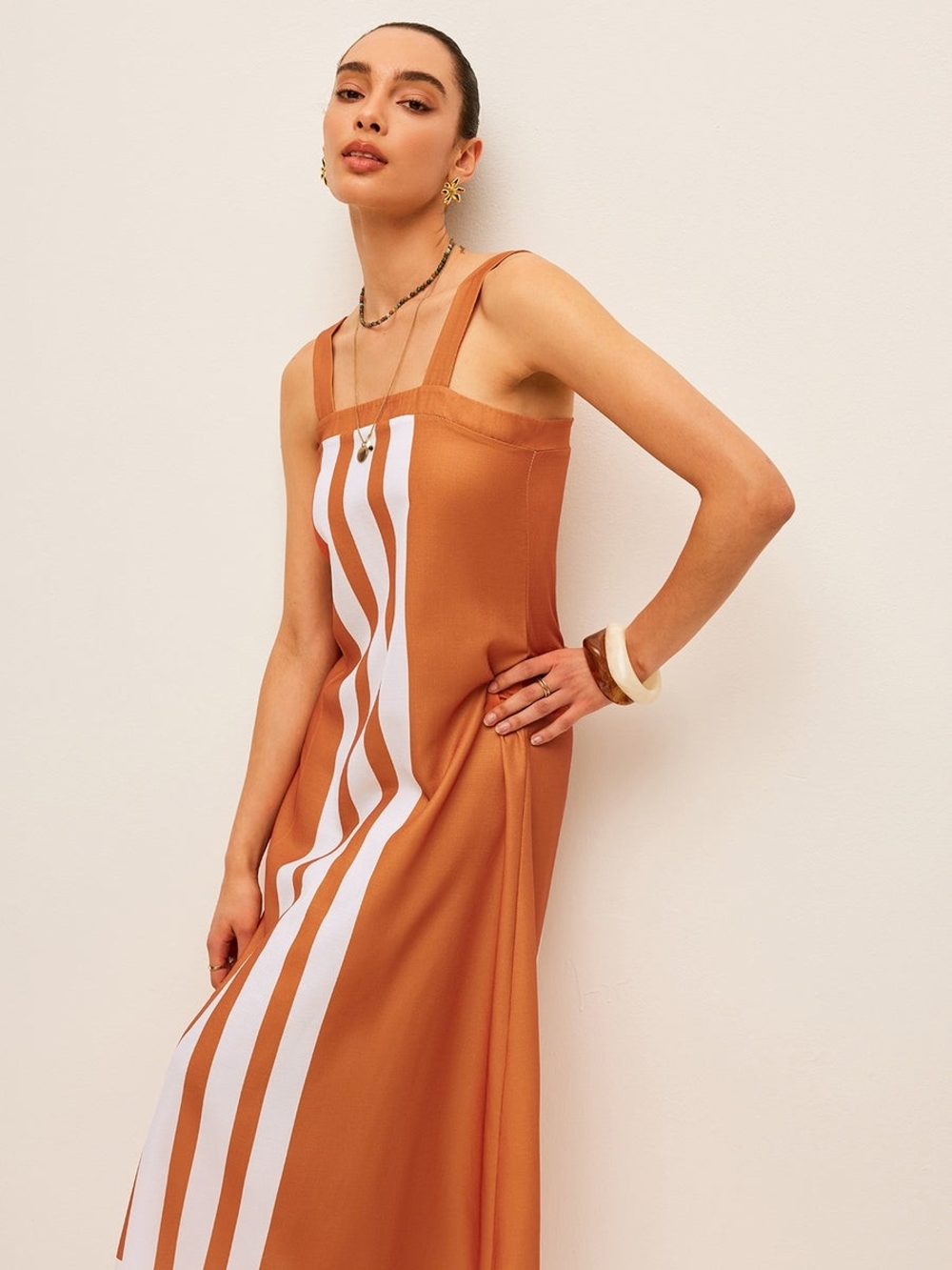 Commense Rust-Orange Maxi Dress with White Stripe Panel